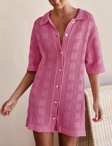 Lumister Lightweight Knit Dress Crochet Button Cover Up Bathing Suit Swimwear Knit Beach Summer Dress for Women Hot Pink - Image 2