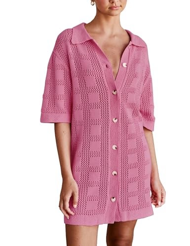 Lumister Lightweight Knit Dress Crochet Button Cover Up Bathing Suit Swimwear Knit Beach Summer Dress for Women Hot Pink - Image 1