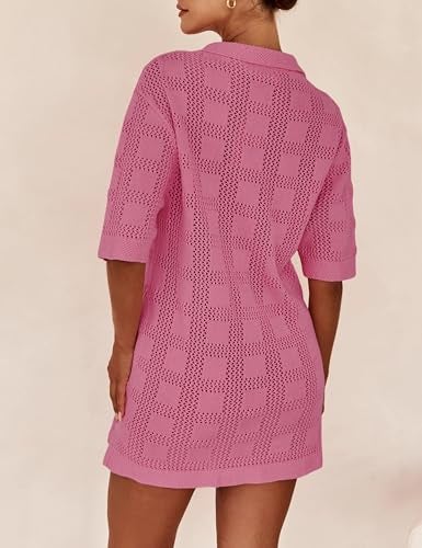Lumister Lightweight Knit Dress Crochet Button Cover Up Bathing Suit Swimwear Knit Beach Summer Dress for Women Hot Pink - Image 5