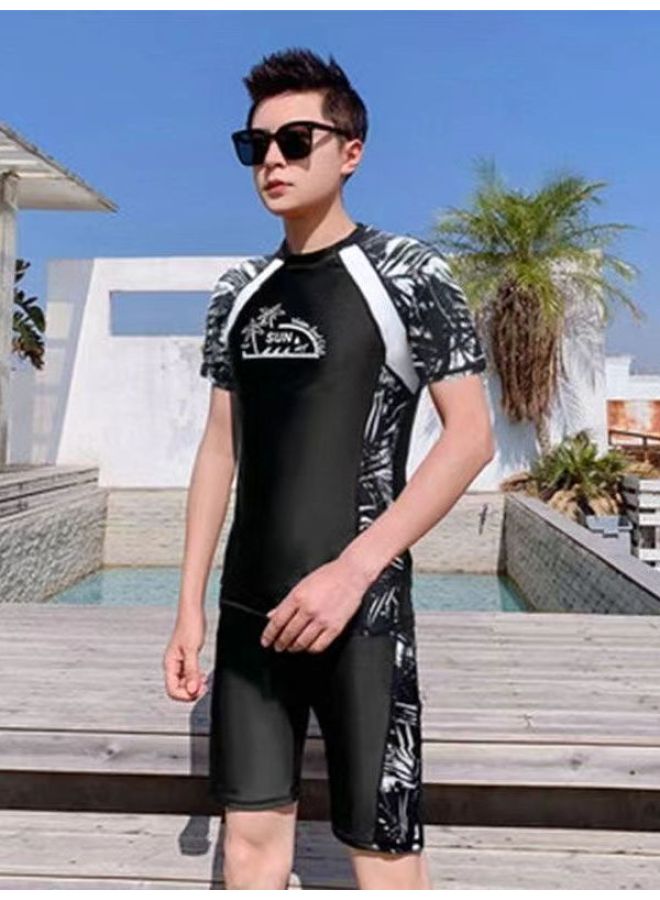 Loquat Adult Swimming Suit Men's Split Two-piece Set Men's Sunscreen Short-sleeved Surfing Snorkeling Suit Warm Hot Spring Men's Swimwear-Color:Run Men's Suit- - Image 3