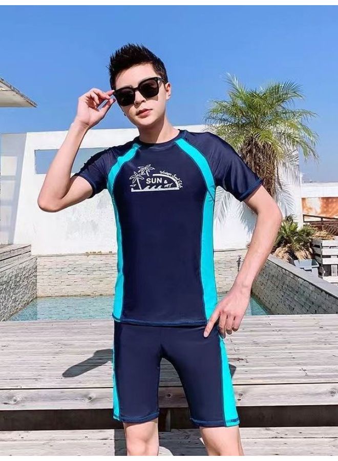 Loquat Adult Swimming Suit Men's Split Two-piece Set Men's Sunscreen Short-sleeved Surfing Snorkeling Suit Warm Hot Spring Men's Swimwear-Color:Run Men's Suit- - Image 2