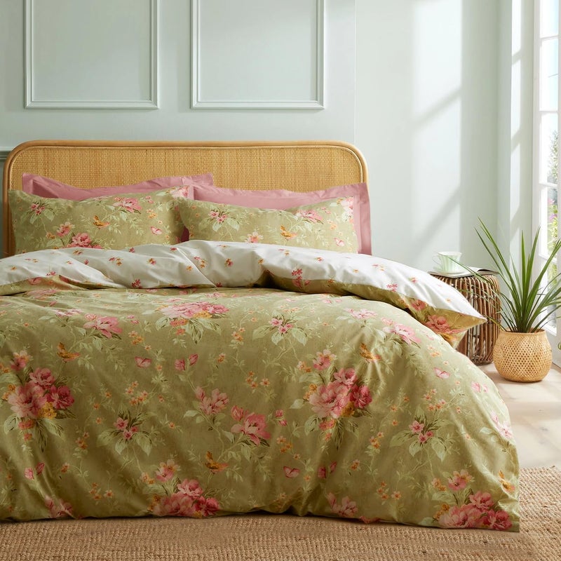 mixinni Duvet Cover King Size Long Staple Cotton Reversible Green Floral Duvet Cover Set with Zipper Ties 3 Pieces Botanical Pink Flowers and Green Branches Patterns Bedding Set