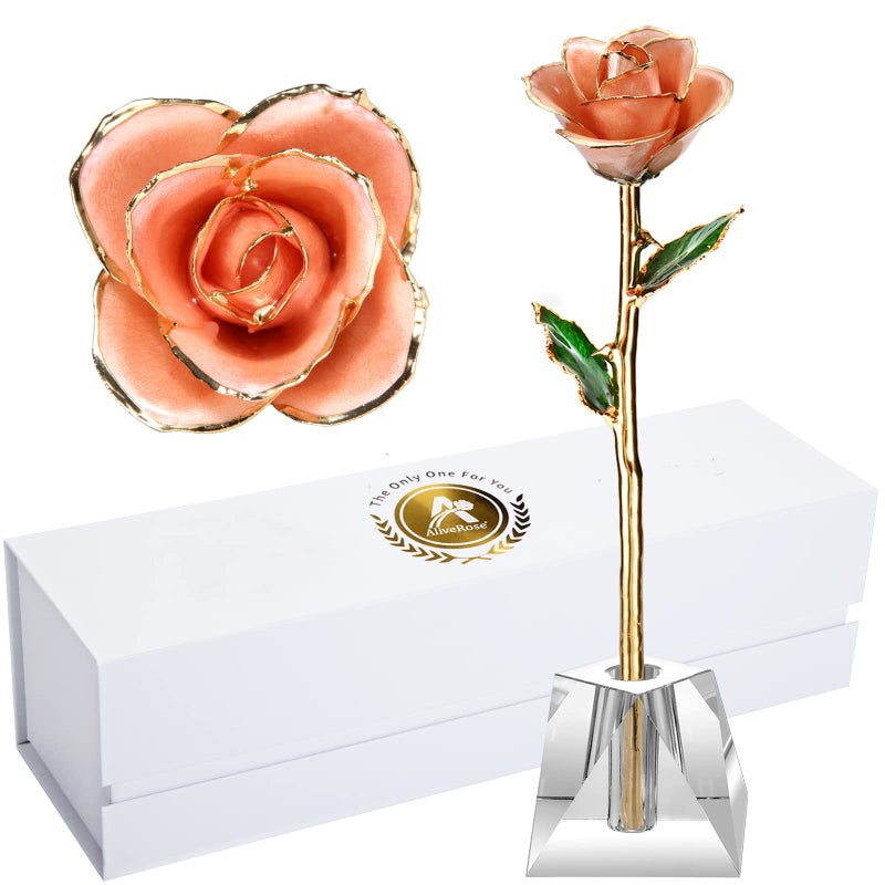 Anniversary Rose Gift for Wife24k Gold Real Rose Gift for her Long Stem Rose Made from Real Gold Rose for Valentines Mothers Day Birthday Peach Pink with Crystal Vase