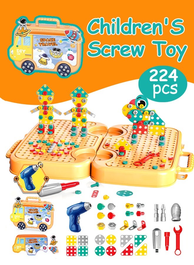 Children'S Screw Toy，224 Pcs Screw Toys with Electric Drill，Montessori Play Toolbox, Early Education Screw Toys Pretend Play, Children'S Building Blocks, Building Block Games,Children'S Screw-Twisting Educational Toys, Simulation Electric Repair Toys，DIY Educational Building Blocks,Develop Fine Motor Skills - Image 1