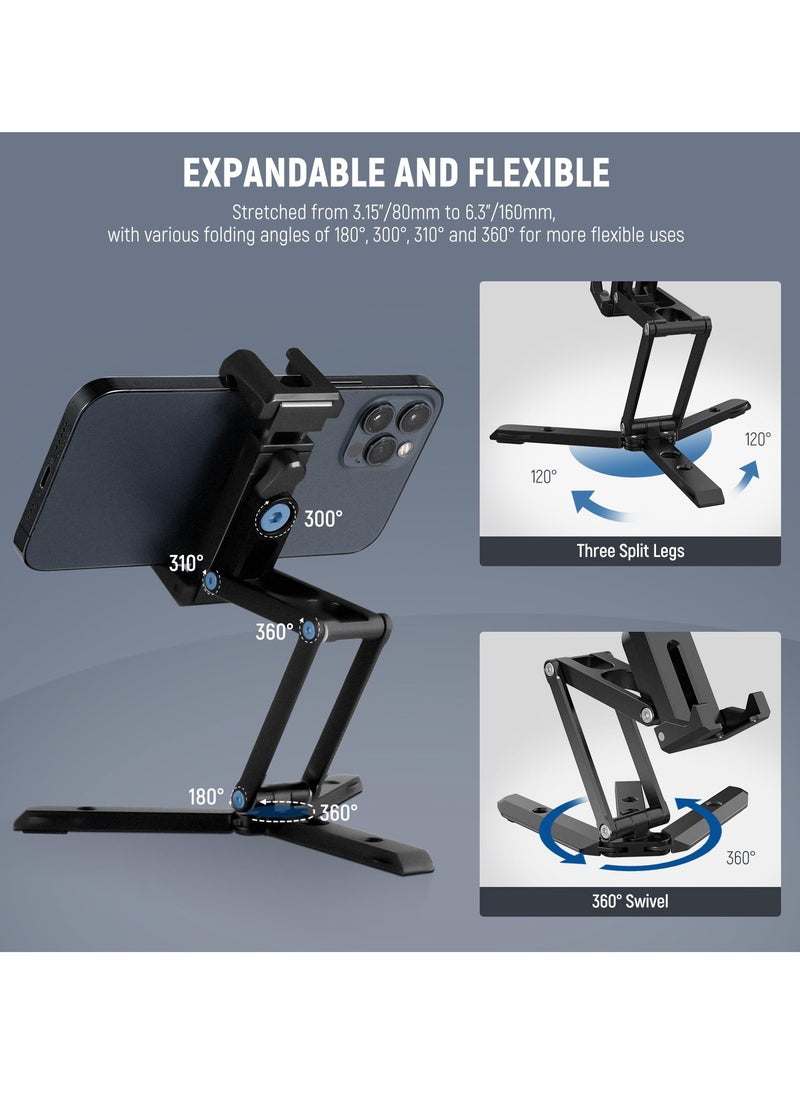Excefore Universal Metal Phone Tripod Mount with Cold Shoes, 360 Rotating Adjustable Clip Holder, Multi-Angle Tri-Fold Cell Phone Holder, Desktop Tripod and Handheld Grip for Streaming Vlog  - Image 2