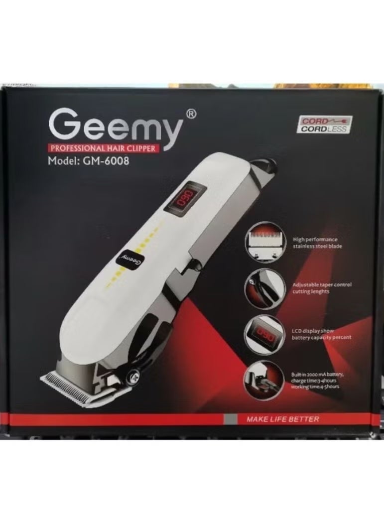 Gemei Professional Hair Clipper (Model GM-6008): High-power motor, multi-cut clipper with adjustable taper levels.