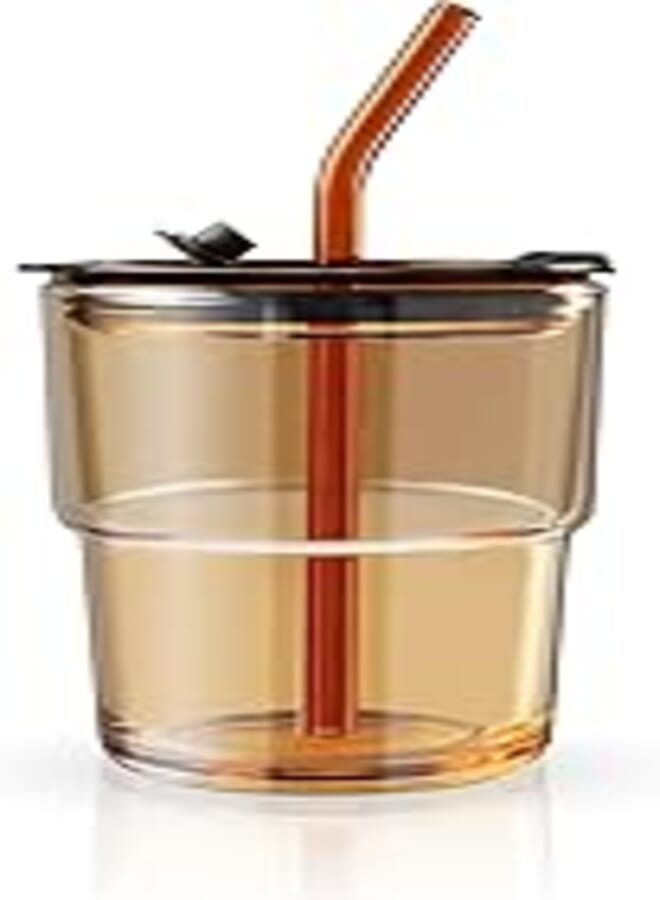 Generic Faynore Glass Tumbler with Straw and Lid (Amber) 14oz