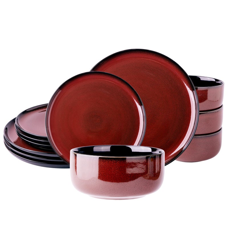 LeRatio Ceramic Dinnerware Sets for 4,Porcelain Plates and Bowls Sets,Handmade Reactive Glaze Dishes Set,Chip Resistant and Scratch Resistant | Oven&Dishwasher & Microwave Safe,Service for 4-Red - Image 1