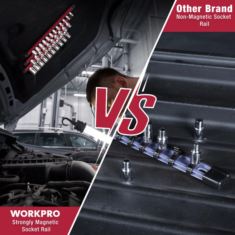WORKPRO منظم مقابس WORKPRO المغناطيسي، سكة مقابس من سبائك الألمنيوم بحجم 3/8 بوصة، حامل مقابس ثقيل، مجموعة رف المقابس 3/8 بوصة × 10 مشابك (أحمر) - Image 3