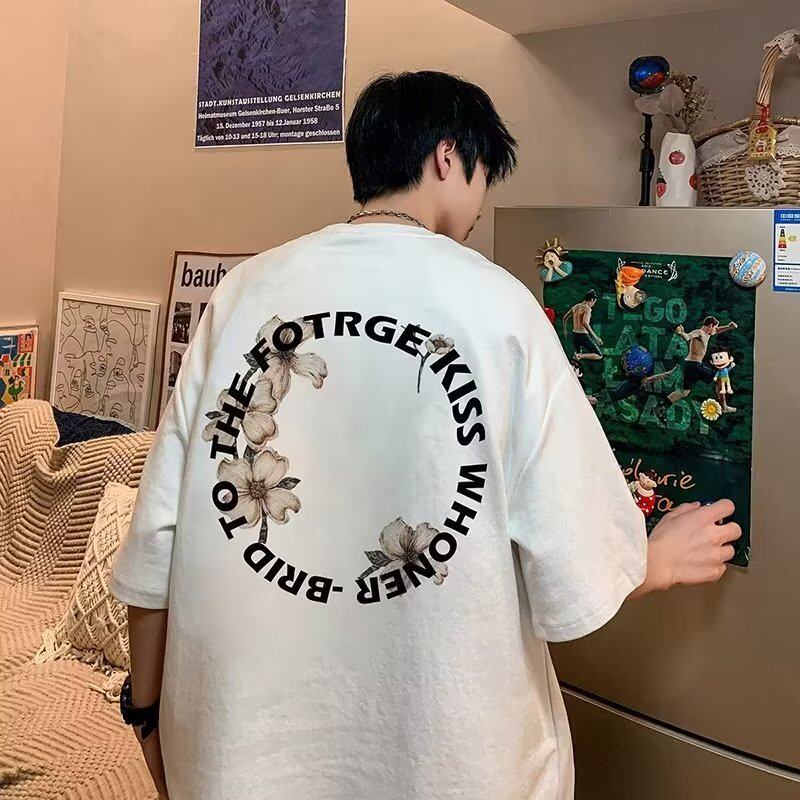 Fattened plus size pure cotton short-sleeved t-shirt men's summer Hong Kong style heavy loose half-sleeved cartoon printed top trendy - Image 1