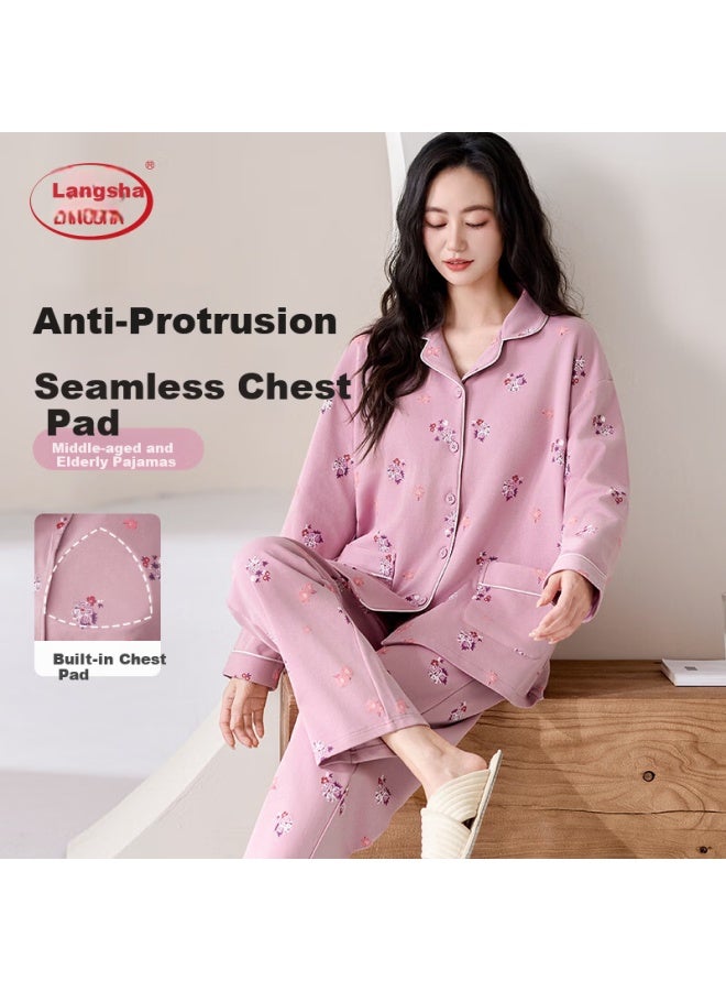 LANG SHA Langsha Middle-aged And Elderly Women's Cotton Long Sleeve Pajama Set With Lapel Collar, Plus Size Comfortable Homewear, Suitable For Outdoor Wear, Exquisite Print - Image 3