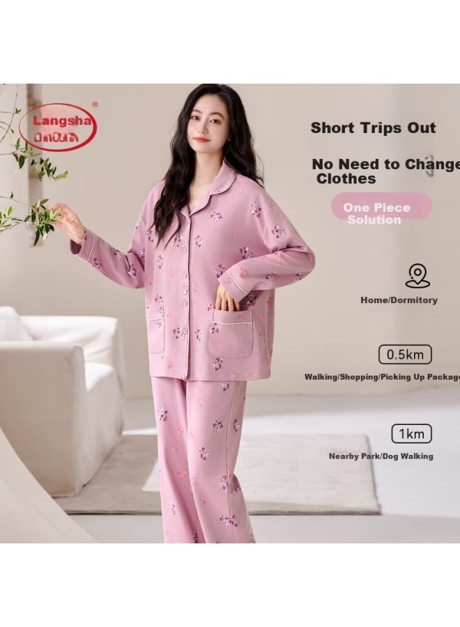 LANG SHA Langsha Middle-aged And Elderly Women's Cotton Long Sleeve Pajama Set With Lapel Collar, Plus Size Comfortable Homewear, Suitable For Outdoor Wear, Exquisite Print - Image 4