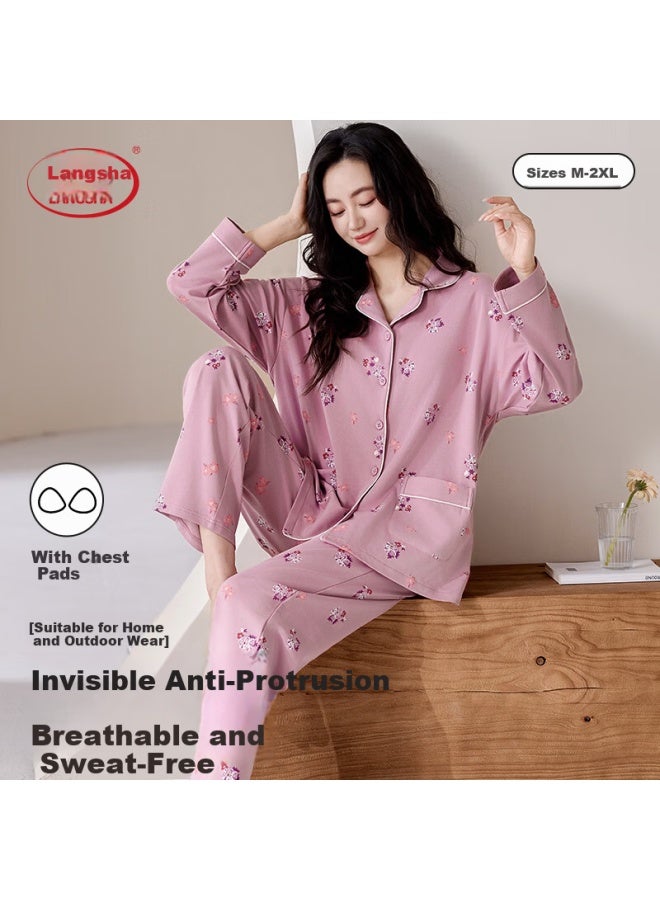 LANG SHA Langsha Middle-aged And Elderly Women's Cotton Long Sleeve Pajama Set With Lapel Collar, Plus Size Comfortable Homewear, Suitable For Outdoor Wear, Exquisite Print - Image 2