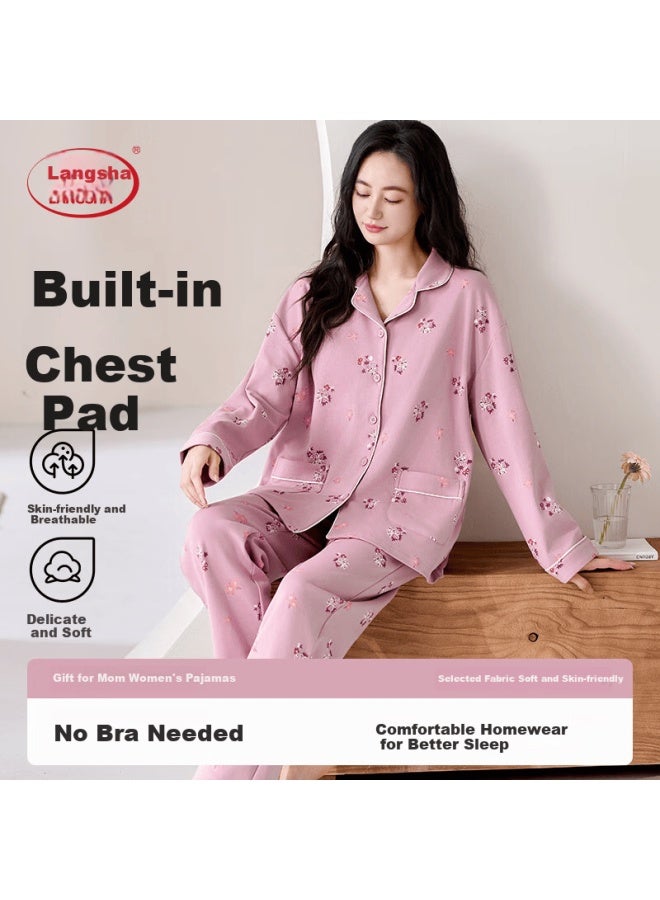 LANG SHA Langsha Middle-aged And Elderly Women's Cotton Long Sleeve Pajama Set With Lapel Collar, Plus Size Comfortable Homewear, Suitable For Outdoor Wear, Exquisite Print - Image 1