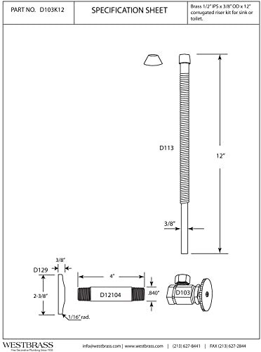 Westbrass D103K12-01 1/2" IPS x 3/8" OD x 12" Corrugated Riser Supply Line Kit with Round Handle Angle Supply Shut Off Valve for Faucet and Toilet, Polished Brass - Image 2