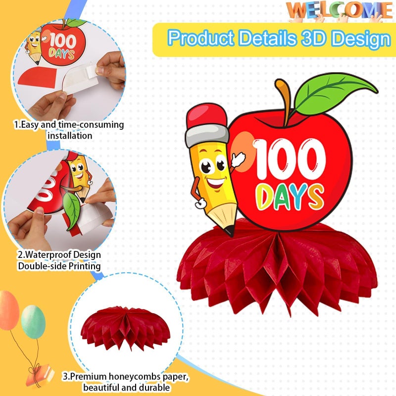 JULMELON 8 PCS 100 Days of School Decorations Honeycomb Centerpiece, 6 Inch Diameter, Red, Green, Yellow, Blue, Includes Honeycomb Centerpieces - Image 4