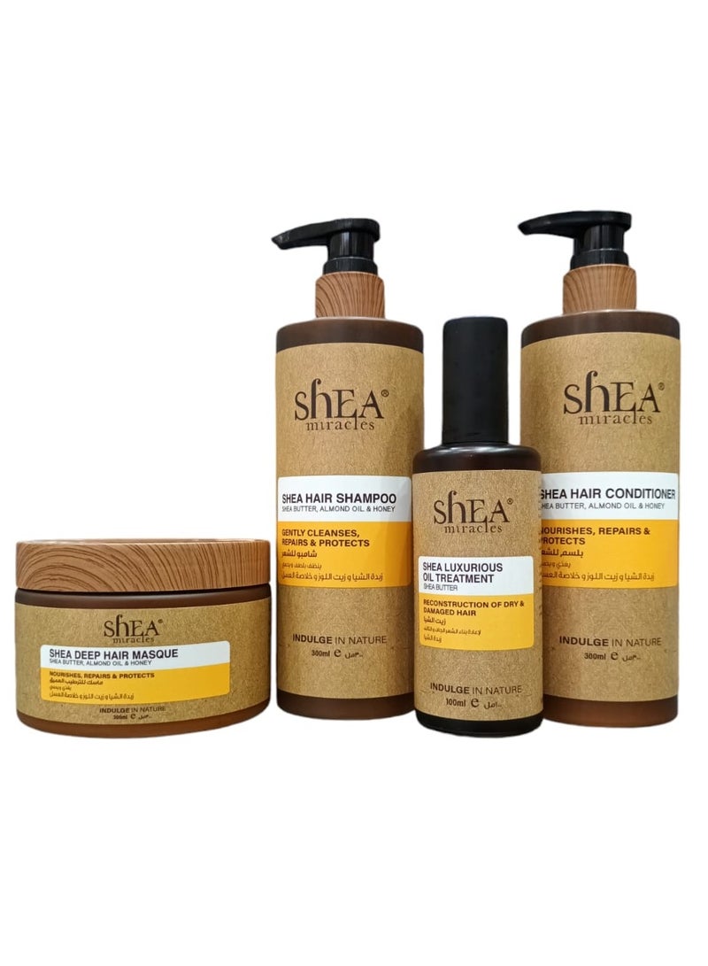 ShEA miracles Shampoo 300 ml  Conditioner 300 ml  Mask 300 ml  Hair Oil 100 ml With Shea Butter  Almond Oil and Honey Extract  Suitable for Damaged and Very Dry Hair.