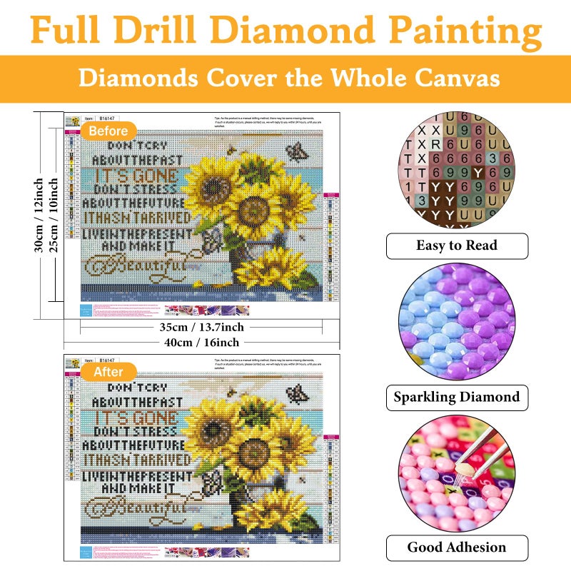 Okarina Diamond Art Kits for Adults Sunflower, DIY 5D Diamond Painting Kit for Beginners Inspirational, Inspiring Quotes Full Round Drill Gem Art Dots for Adults Home Wall Decor 16X12 Inch - Image 2