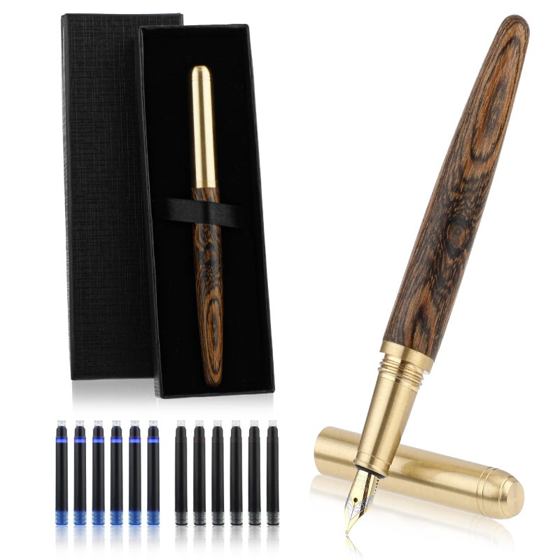 cobee Handcrafted Wooden Fountain Pens Set, Vintage Luxury Wood Fountain Pen 0.5mm Fine Point Smooth Writing Pen With 12 Ink 2.6 mm Cartridges and Gift Box for Journaling Calligraphy Supplies(B) - Image 1