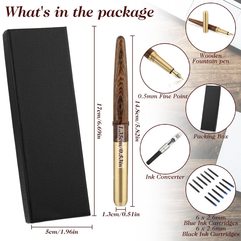 cobee Handcrafted Wooden Fountain Pens Set, Vintage Luxury Wood Fountain Pen 0.5mm Fine Point Smooth Writing Pen With 12 Ink 2.6 mm Cartridges and Gift Box for Journaling Calligraphy Supplies(B) - Image 3
