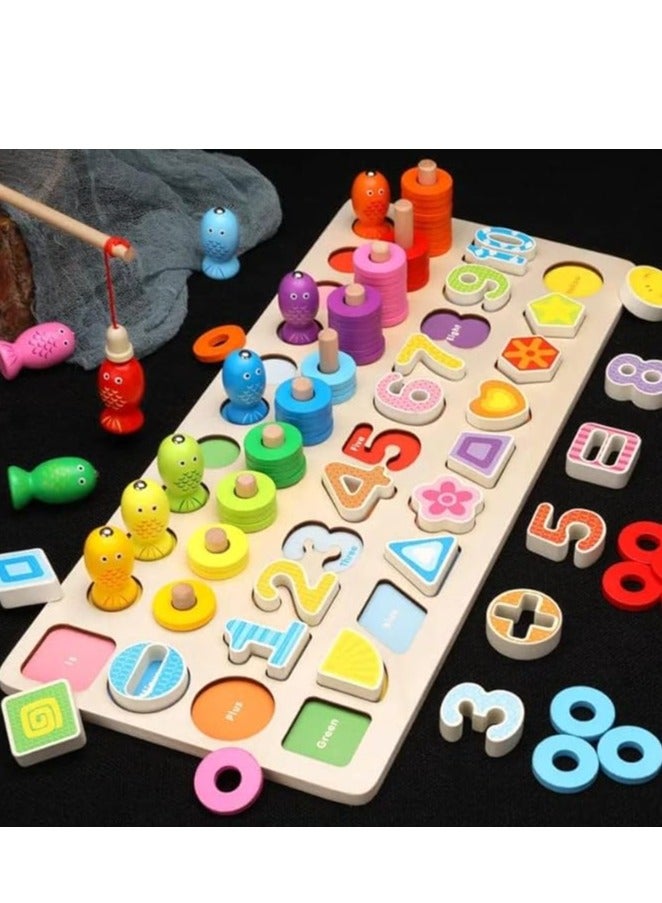 FIVE WOODEN TOYS MATH FISHING COUNT NUMBERS MATCHING DIGITAL SHAPE MATCH MONTESORI EDUCATIONAL BOARD EARLY EDUCATIONAL KIDS TOY GIFTS - Image 2