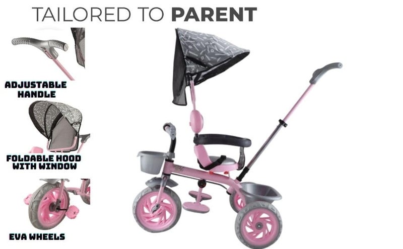 JoyRide Tiny Trekker Lite Tricycle for Kids 1.5 to 5 Years with Reversible Seat,Parental Push Handle, Foldable Canopy Storage Baskets |Plug & Play Trikes for Girls Boys (Pink) - Image 4