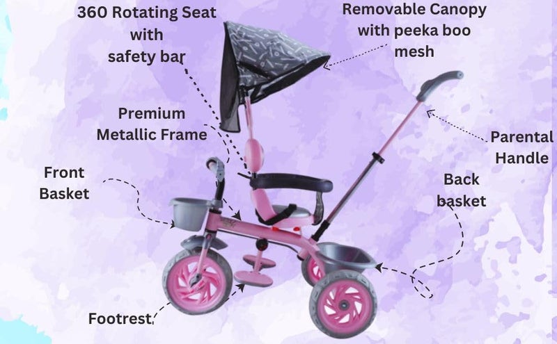 JoyRide Tiny Trekker Lite Tricycle for Kids 1.5 to 5 Years with Reversible Seat,Parental Push Handle, Foldable Canopy Storage Baskets |Plug & Play Trikes for Girls Boys (Pink) - Image 2