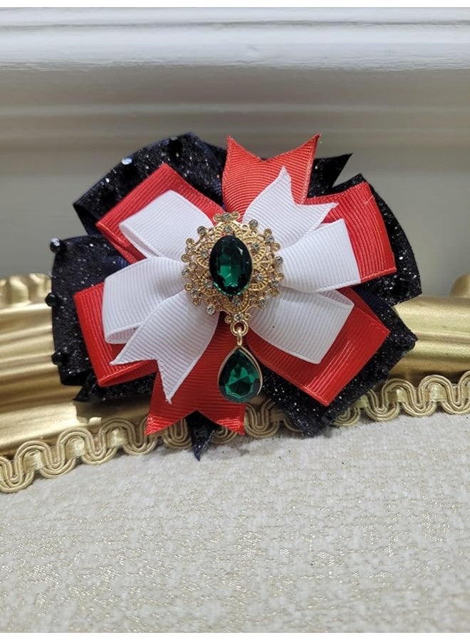 داديز أنجل مشبك شعر لليوم الوطني لدولة الإمارات العربية المتحدة - فيونكة من شرائط حمراء وبيضاء وسوداء وأخضر مع قطعة مركزية من الأحجار الكريمة - Image 2