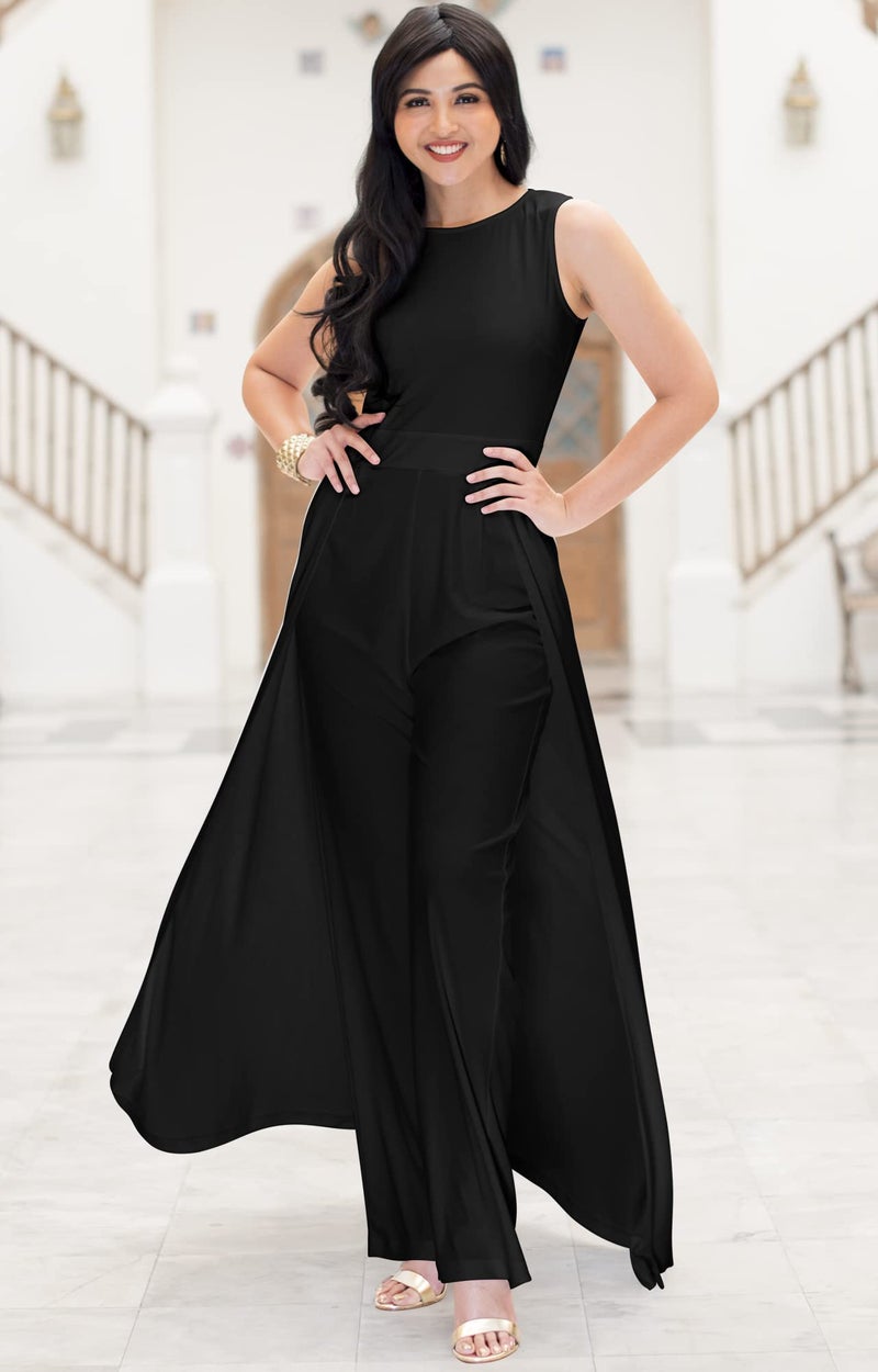 KOH KOH Plus Size Womens Sleevless Long Pant Cape Dressy Pockets Classy Tall Wedding Guest Party Overall One Piece Pantsuit Outfit Romper Rompers Jumpsuit Jumpsuits, Black XL 14-16 - Image 2