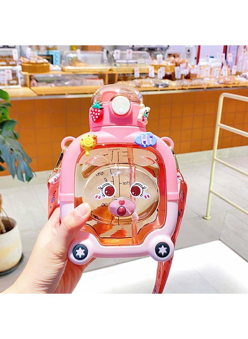 Children's water cup, large capacity, portable straw cup, double mouth, small bear anti drop plastic water bottle