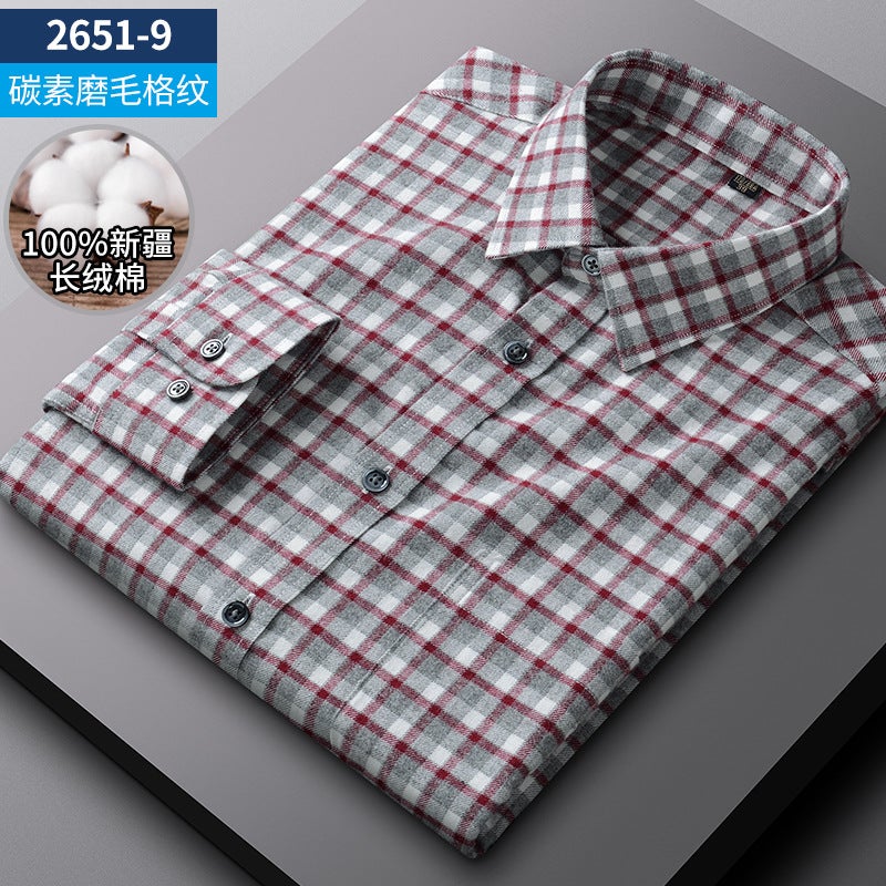 Mens Spring Autumn Casual Pure Cotton Plaid Shirt Long Sleeve Middle Age Fashion Top Full Cotton Lining Jacket 2651-9 cotton brushed plaid shirt men's shirt 