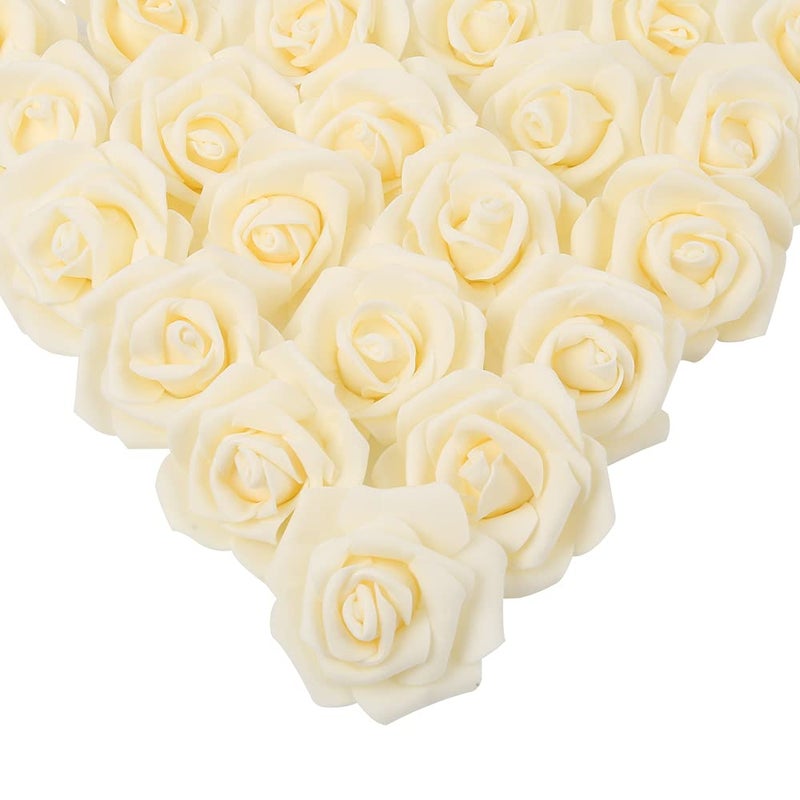 IPOPU Artificial Rose Flower Heads 100 Pcs Real Looking Creamy Yellow Foam Fake Roses for DIY Wedding Baby Shower Centerpieces Arrangements Party Tables Home Decorations Cream Yellow Stemless