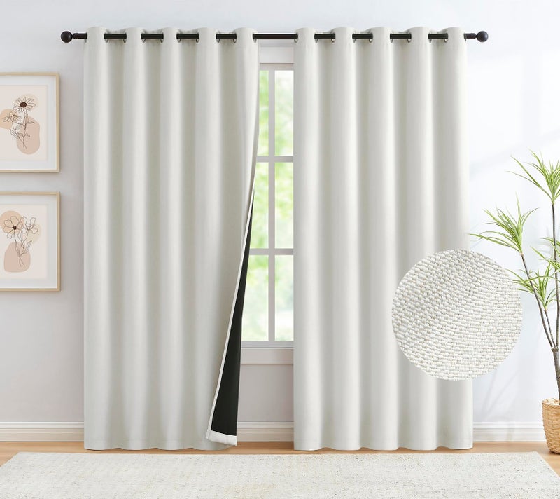 Natural Linen Full Blackout Curtains for Bedroom Thermal Insulated Energy Saving Window Panels Farmhouse Burlap Texture Ivory Drapes for Living Room 2 Panels Set Grommet Top 60x 72x2