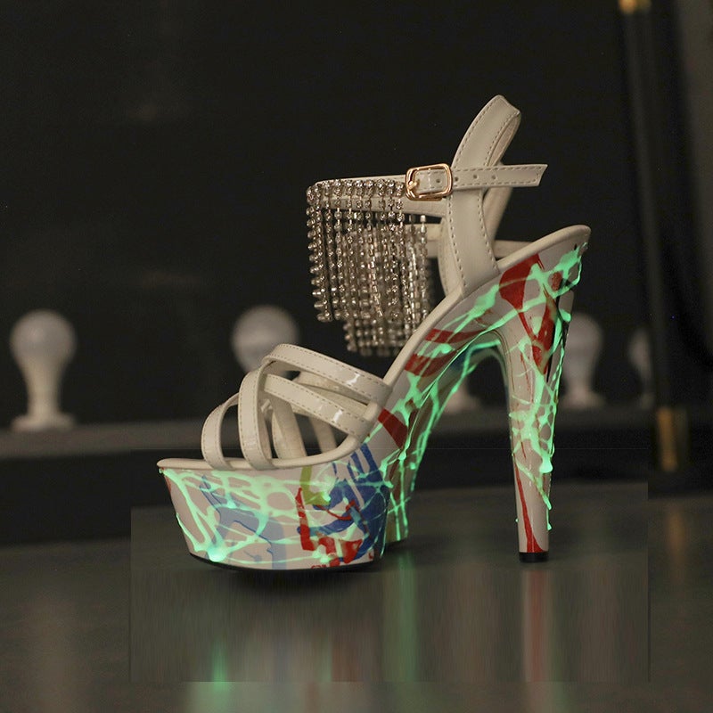 Nightclub Fluorescent Luminous 15Cm Patent Leather Tassel Stiletto Heel Ultra-High Heel Platform Sandals - Image 3