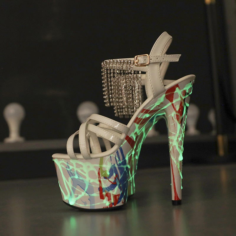 Nightclub Fluorescent Luminous 15Cm Patent Leather Tassel Stiletto Heel Ultra-High Heel Platform Sandals - Image 5