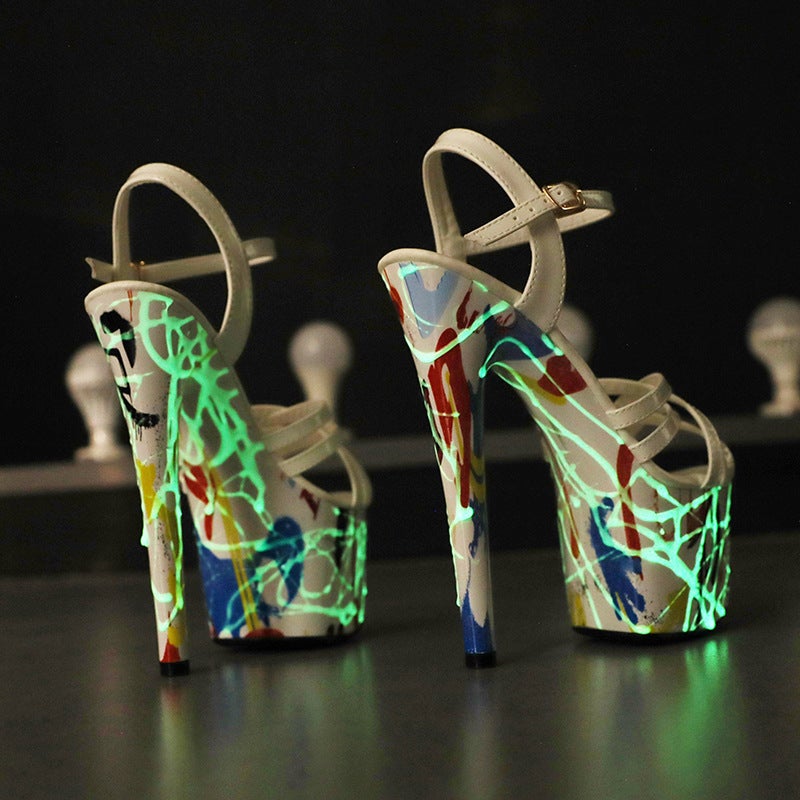Nightclub Fluorescent Luminous 15Cm Patent Leather Tassel Stiletto Heel Ultra-High Heel Platform Sandals - Image 4