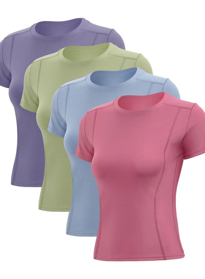 Cozypower 4 Pack Women's Compression Shirts Short Sleeve Workout Tops Athletic Quick Dry Gym Yoga Running T-Shirt Moisture Wicking, Fresh Color, L - Image 1