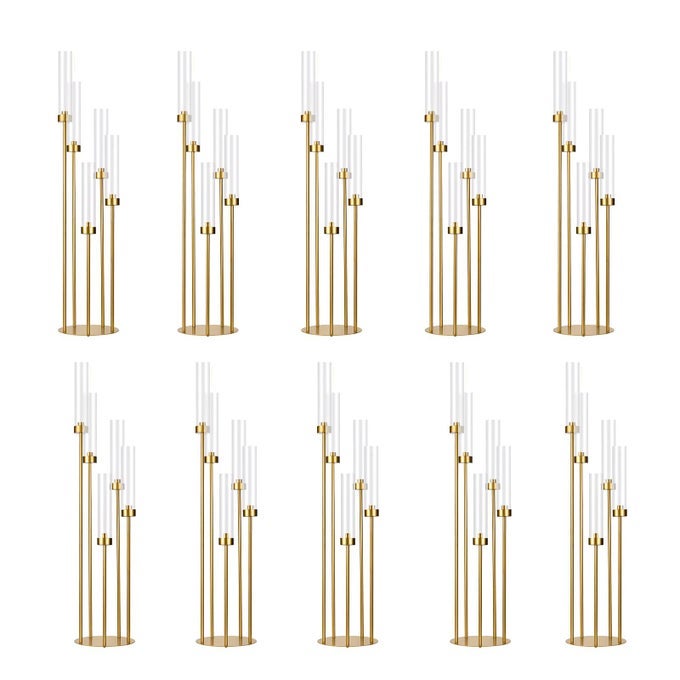 10PCS GOLD FLOOR CANDELABRA5 ARM CANDLE HOLDER TALL FLOOR CANDLE HOLDER WITH ACRYLIC LAMPSHADE FOR WEDDING TABLE BIRTHDAY PARTY HOME DECORATION FIT LED TAPER CANDLES