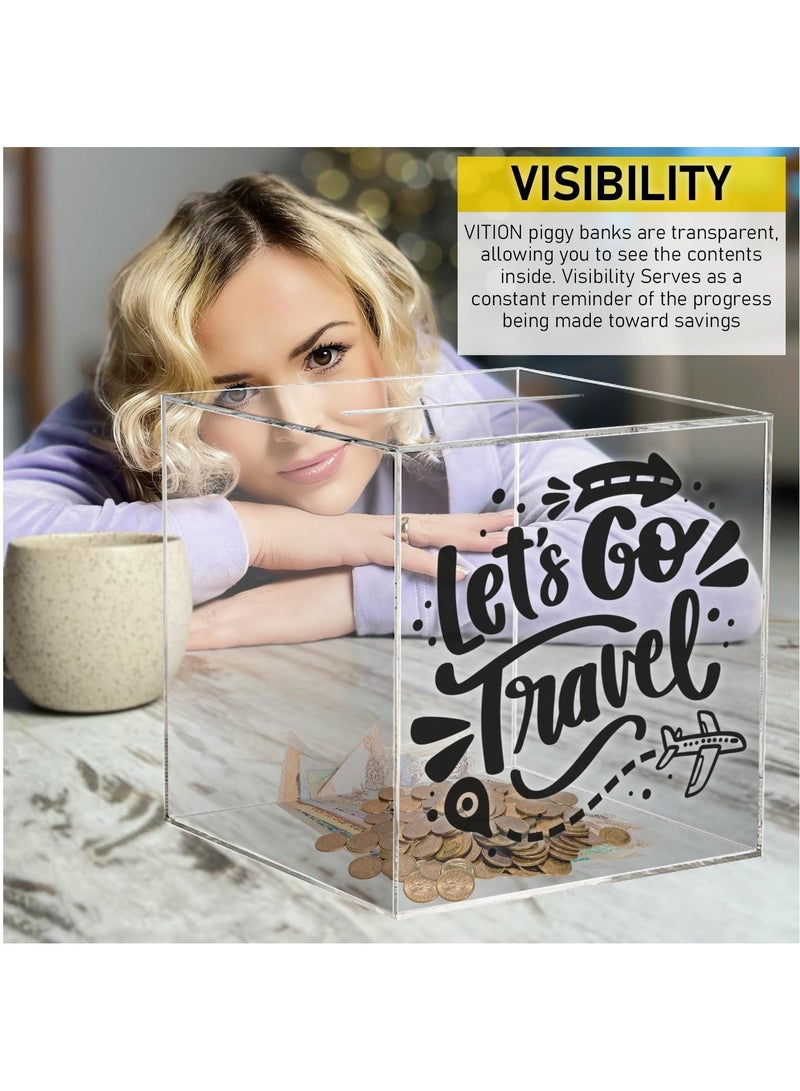 VITION حصالة نقود للكبار والأطفال، حصالة نقود أكريليك للأولاد والبنات لتوفير المال والعملات النقدية، يجب كسرها لفتحها (18 × 18 سم، دعنا نسافر) - Image 2