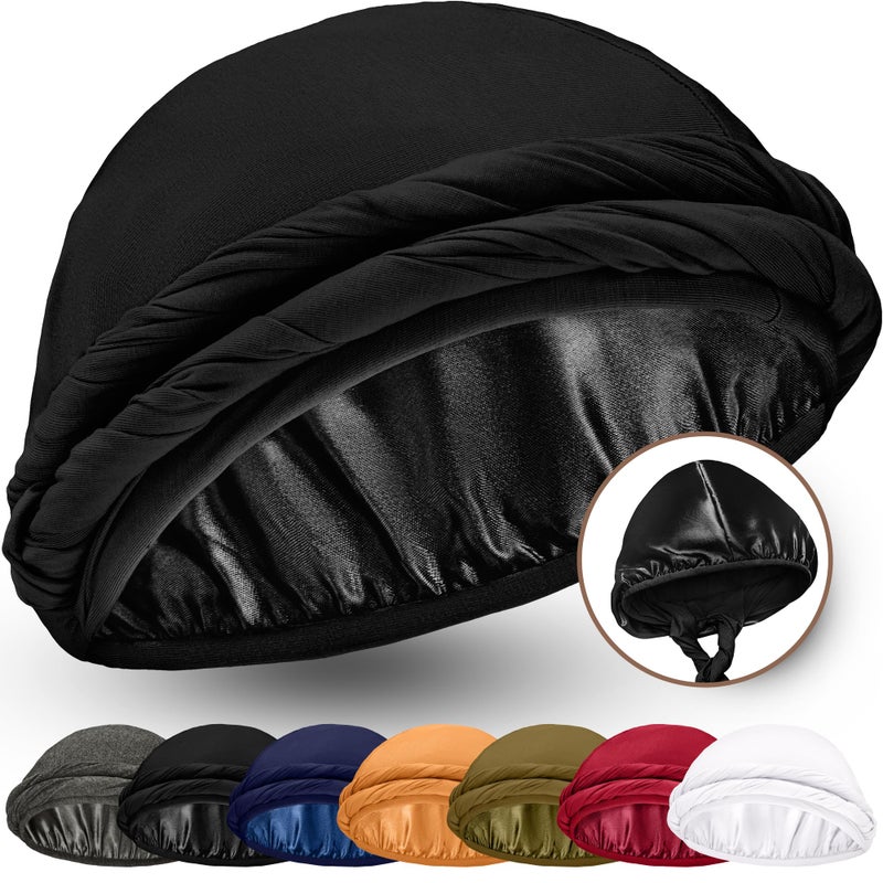 CAPLORD Silk Satin Lined Halo Turban Head Wrap Pre-Tied Skull Cap for Men and Women Sleeping Bonnet Hair Cover Chemo Hair Loss Hat Black - Image 1