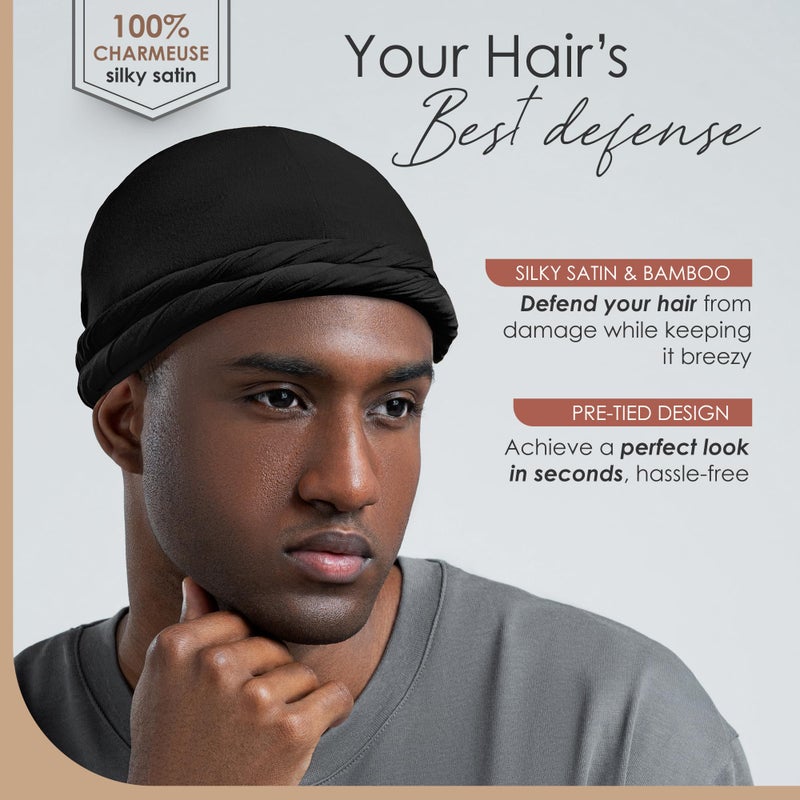 CAPLORD Silk Satin Lined Halo Turban Head Wrap Pre-Tied Skull Cap for Men and Women Sleeping Bonnet Hair Cover Chemo Hair Loss Hat Black - Image 2