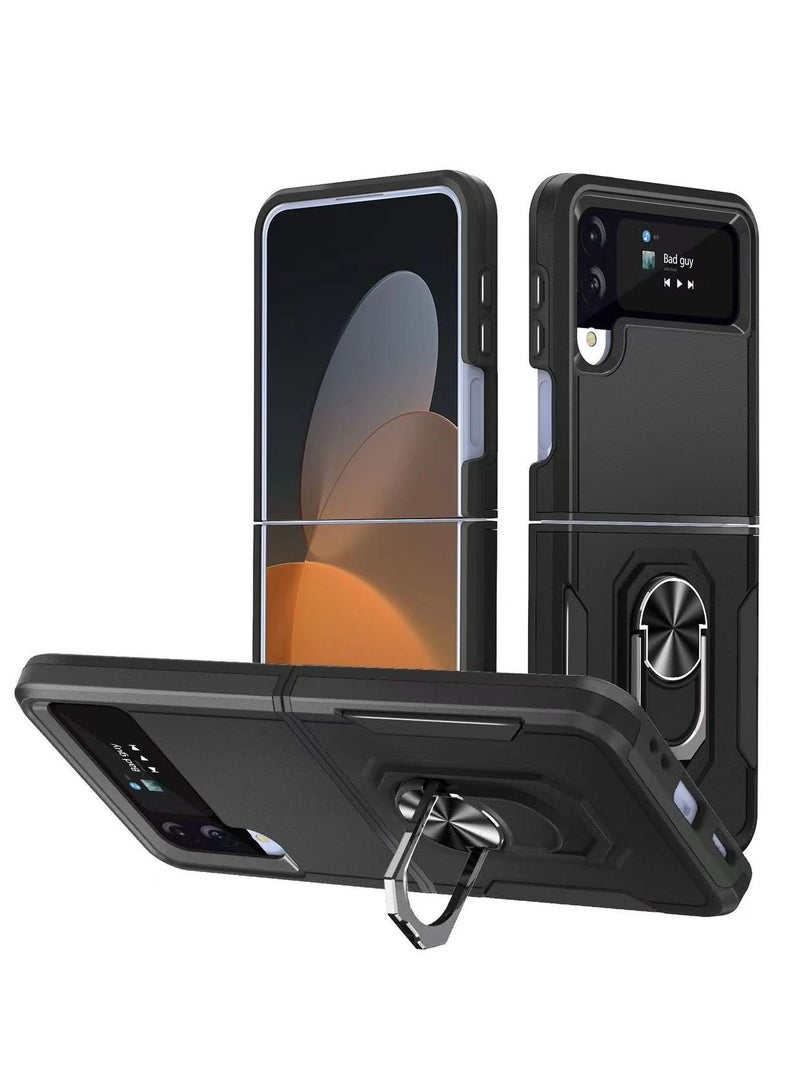 Rock Pow Compatible with Samsung Galaxy Z Flip 4 5G (2022) Case, Shock Proof Grade Heavy Duty Armor 360° Rotatable Kickstand [Support Magnetic Car Mount] Protective Shockproof Phone Case Metal Ring,Black - Image 1