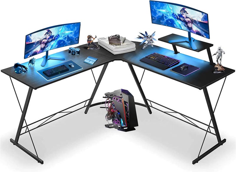 SKY-TOUCH L Shaped Gaming Desk, Home Office Desk With Round Corner And Shelf, Computer Desk With Large Monitor Stand Desk, Sturdy Writing Workstation, Gaming Desk With Shelf - Black 50.8*50.8*28，Inch - Image 1