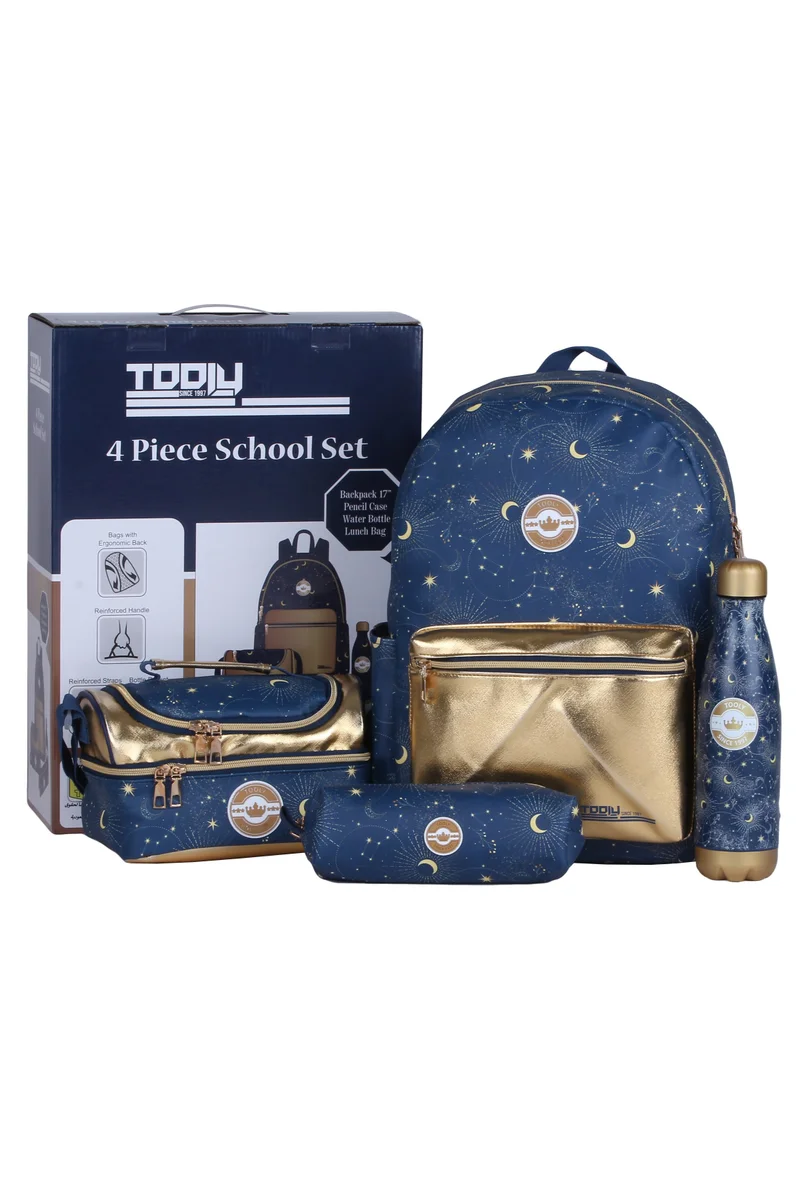 TOOLY School Set 4 Pcs, Star and Moon Backpack, Lunch Bag, Pencil Case, Water Bottle, Blue and Gold(Size: H 42 X 30 X 13 CM)