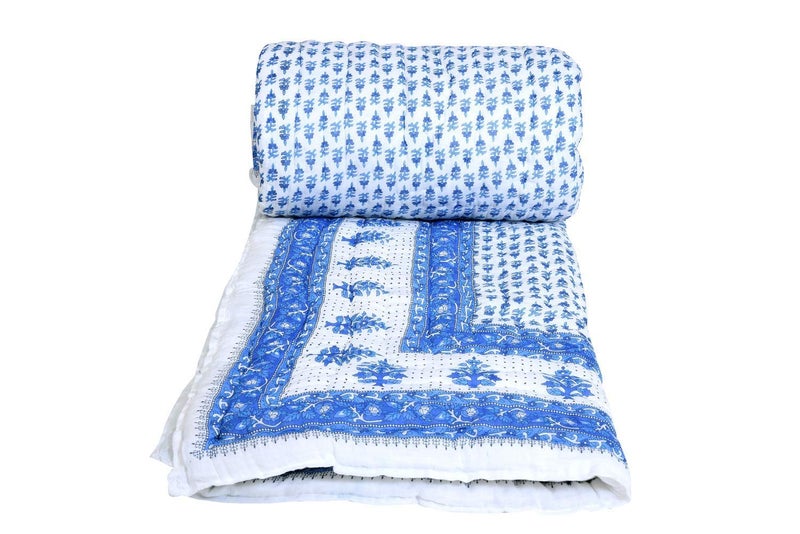 SVT Traditional Famous Jaipuri Beautiful Floral Print in White Blue Jaipuri Rajai/Razai/Quilt Single/Single Bed Quilt/Comforter/AC Quilt/AC Comforter - Image 2