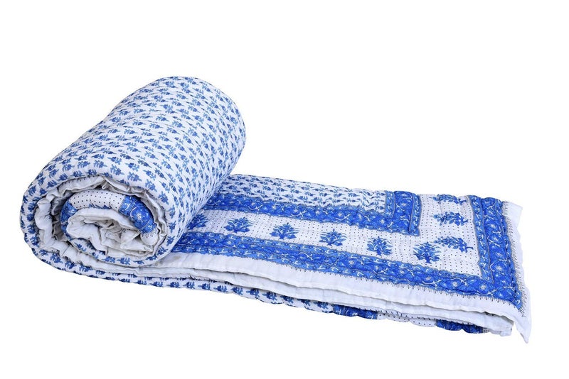 SVT Traditional Famous Jaipuri Beautiful Floral Print in White Blue Jaipuri Rajai/Razai/Quilt Single/Single Bed Quilt/Comforter/AC Quilt/AC Comforter - Image 3