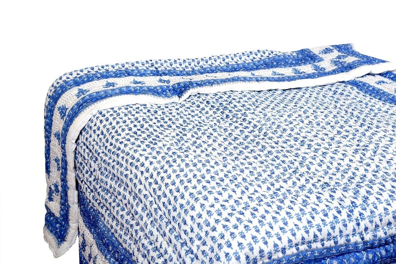 SVT Traditional Famous Jaipuri Beautiful Floral Print in White Blue Jaipuri Rajai/Razai/Quilt Single/Single Bed Quilt/Comforter/AC Quilt/AC Comforter - Image 1