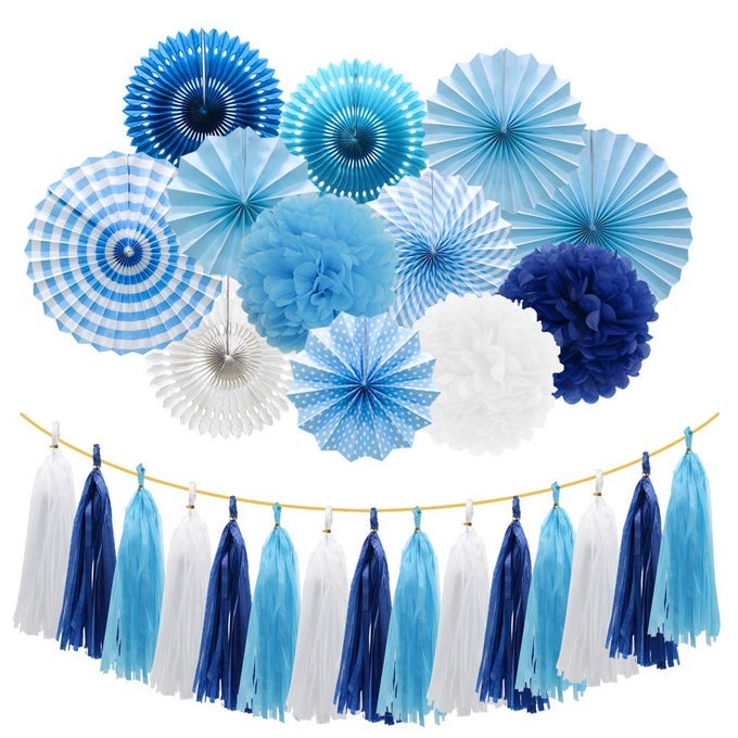 BLUE PARTY DECORATIONS HANGING PAPER FANS POM POMS FLOWERS TISSUE TASSEL GARLAND FOR ELEPHANT SHARK THEME KIDS BIRTHDAY BABY SHOWER GRADUATION