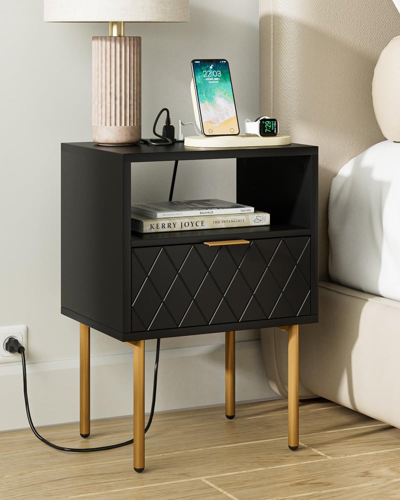 AEPOALUA NightstandSmall Bedside Table with Gold FrameMorden Night StandEnd TableBedside FurnitureSide Table with Drawer and Shelf for BedroomLiving Room Modern1Ddrawer BlackpaneOutlet