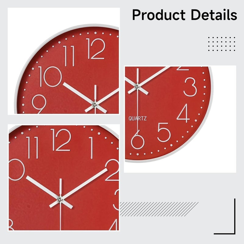 Living Room and Office Wall Clock, 12 Non-Ticking with Large Numbers, Silent Quartz, Round, Easy to Install, White+Red - Image 2